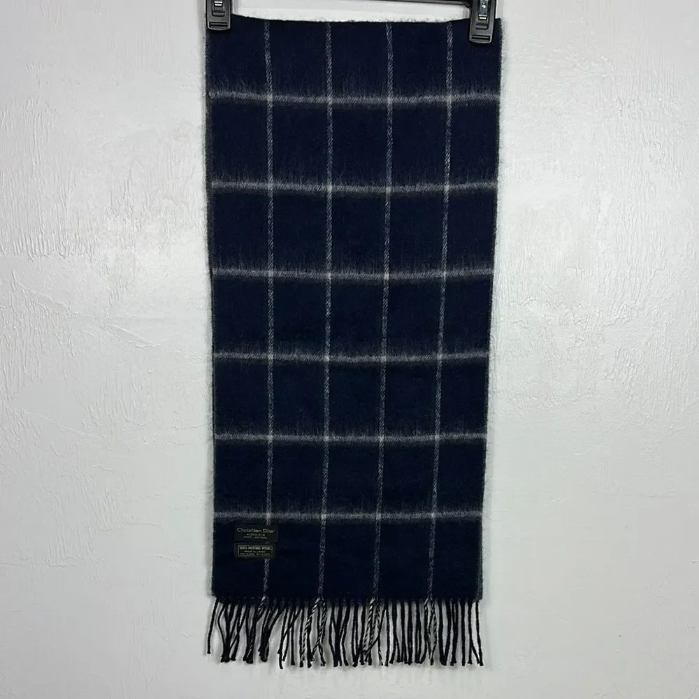 Christian Dior Monsieur Merino Wool Windowpane Fringe Trim Scarf